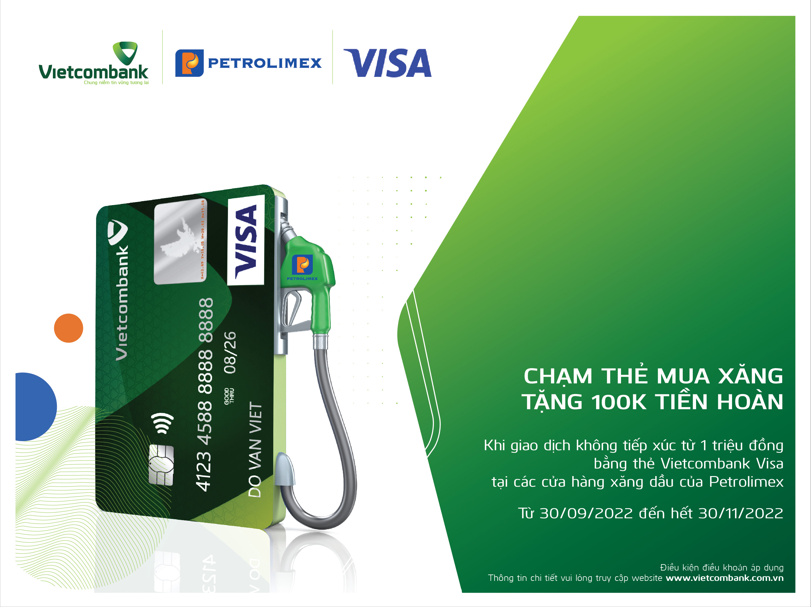 Tặng 100K tiền hoàn với thẻ Vietcombank Visa tại cửa hàng xăng dầu Petrolimex